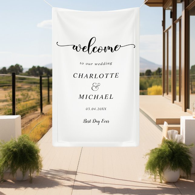 Lona Bienvenida moderna, mínima, blanca y Boda (Modern, Minimal, White, Script Font, Wedding "Welcome" Banner with your Name & Date.)