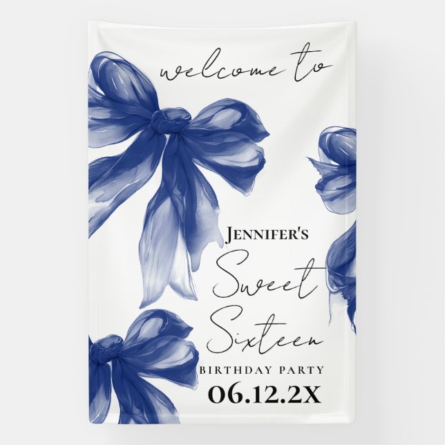 Lona Bienvenida Navy Bow Coquette Script Sweet 16  (Vertical)