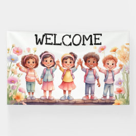 Lona Bienvenida; niños con flores