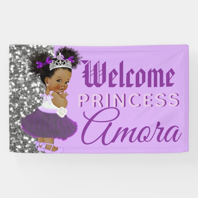 Lona Bienvenida Princesa Morada y Purpurina Plata Elega (Horizontal)