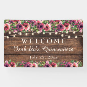Lona Bienvenida Quinceañera Floral Burgundy Rústica