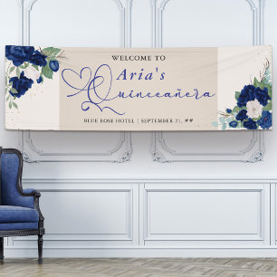 Lona Bienvenida Quinceañera Rosas Florales Azul Real Ma