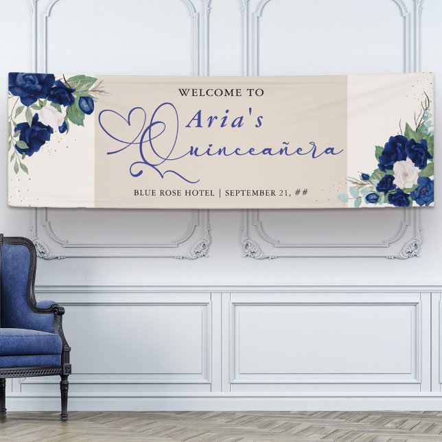 Lona Bienvenida Quinceanera, Rosas florales de marfil a (Quinceanera welcome banner with sweet calligraphy and royal navy blue rose blooms)