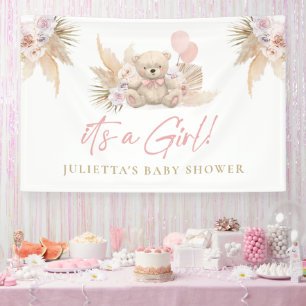 Lona Bienvenida rosada Baby Shower de Boho Teddy Bear C