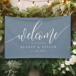 Lona Bienvenida Sencilla de Boda con Caligrafía Azul Po