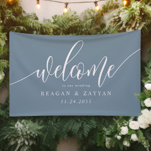 Lona Bienvenida Sencilla de Boda con Caligrafía Azul Po