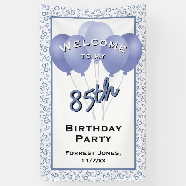 Lona Bienvenido 85º cumpleaños número Patten azul/blanc (Vertical)