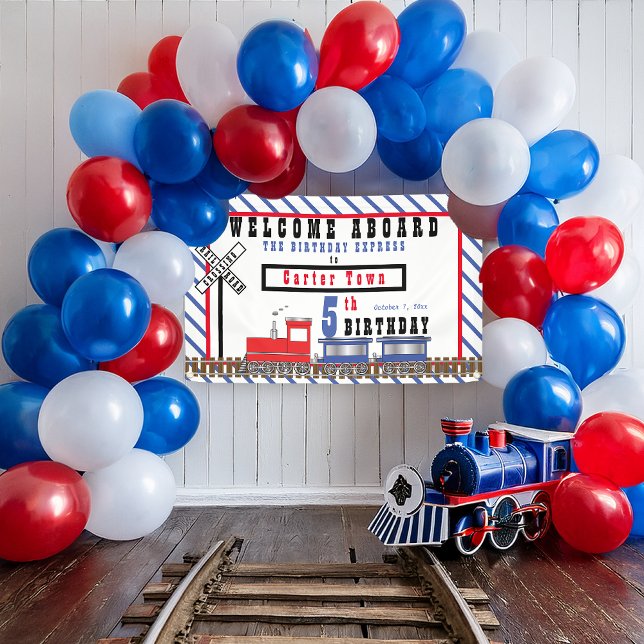 Lona Bienvenido a bordo del tren 5 Birthday Express (Welcome Aboard Choo Choo Train 5th Birthday Express Train  Banner)