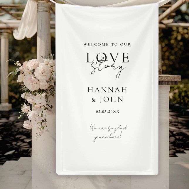 Lona ¡Bienvenido a nuestra historia de amor! Elegante,  (Welcome to our Love-Story! Elegant, Modern, Handwriting, Wedding Banner with your Name & Date.)