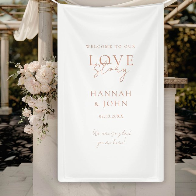 Lona ¡Bienvenido a nuestra historia de amor! Elegante,  (Welcome to our Love-Story! Elegant, Modern, Handwriting, Wedding Banner with your Name & Date.)