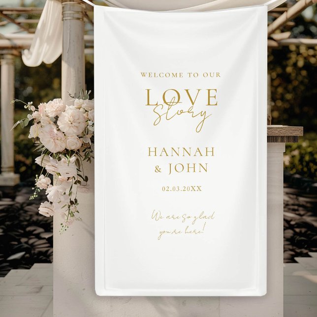 Lona ¡Bienvenido a nuestra historia de amor! Elegante,  (Welcome to our Love-Story! Elegant, Modern, Handwriting, Wedding Banner with your Name & Date.)