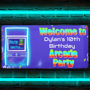 Lona Bienvenido a Retro Arcade Power Up Cumpleaños Gami