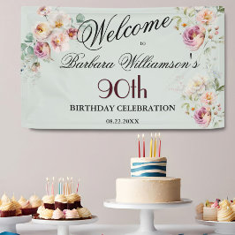 Lona Bienvenido Banner Acuarela Floral 90 Cumpleaños