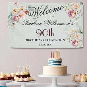 Lona Bienvenido Banner Acuarela Floral 90 Cumpleaños