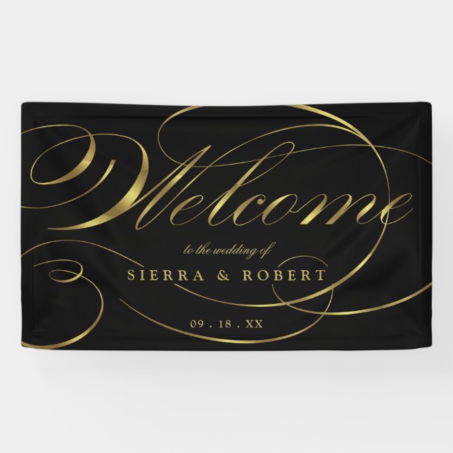 Lona Bienvenido boda Elegante Relieve metalizado Faux G (Horizontal)