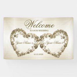 Lona Bienvenido Boda Floral Golden Ornate Hearts Frames