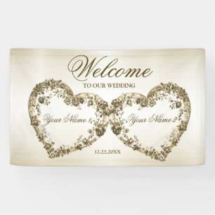 Lona Bienvenido Boda Floral Golden Ornate Hearts Frames