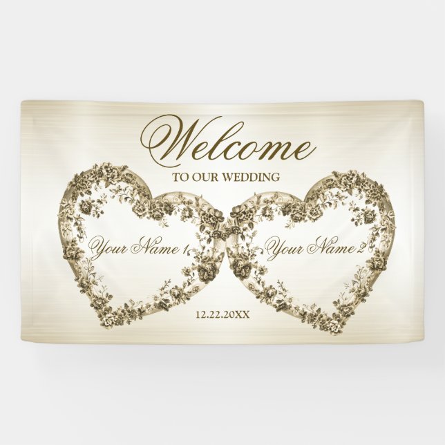 Lona Bienvenido Boda Floral Golden Ornate Hearts Frames (Horizontal)