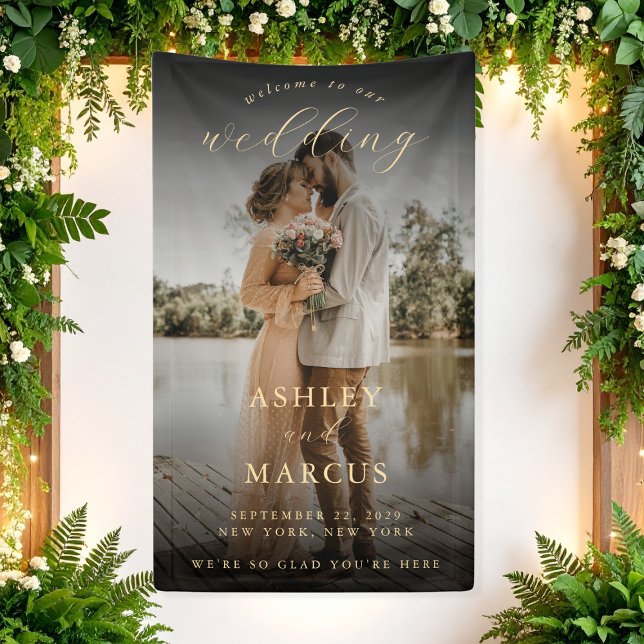 Lona Bienvenido Boda fotográfico elegante de caligrafía (Subido por el creador)