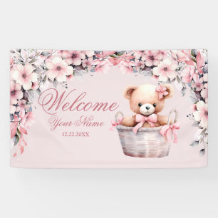 Lona Bienvenido Fiesta de Flores Rosa Teddy Bear Baby