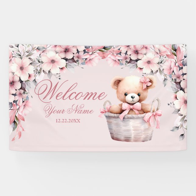 Lona Bienvenido Fiesta de Flores Rosa Teddy Bear Baby (Horizontal)
