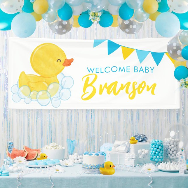 Lona Bienvenido Nombre del Bebé Gran Ducado de Goma Bab (Large Welcome Baby Name Watercolor Boy Rubber Duck Baby Shower Hanging Vinyl Banner)