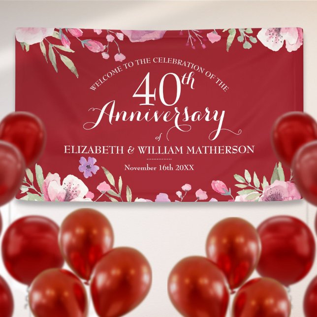 Lona Bienvenidos 40° Aniversario Boda de Ruby Rosas (40th Wedding Anniversary Ruby Roses Welcome Banner)