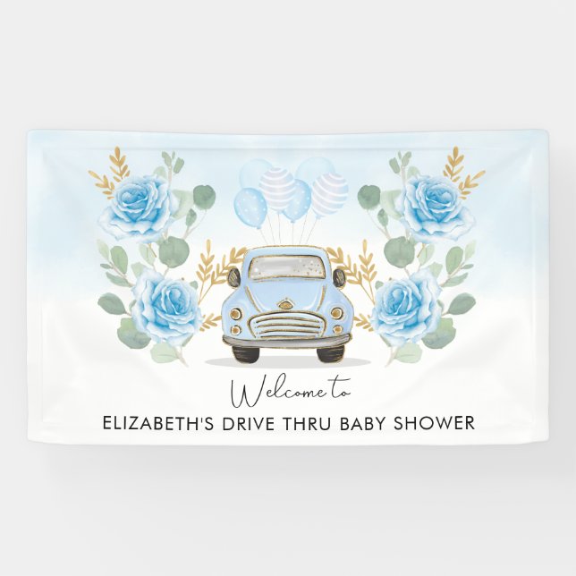 Lona Bienvenidos a Baby Shower a Blue Gold Floral Drive (Horizontal)