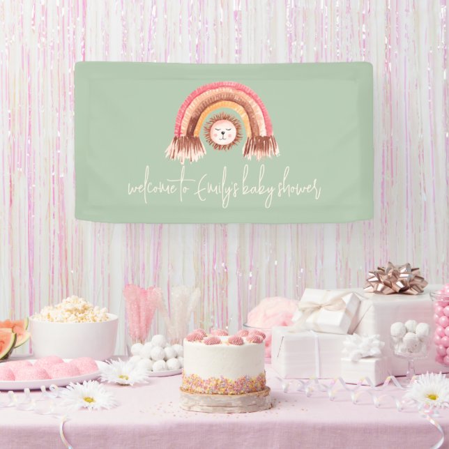 Lona Bienvenidos a Baby Shower a Boho Rainbow Lion Sage (Fiesta)