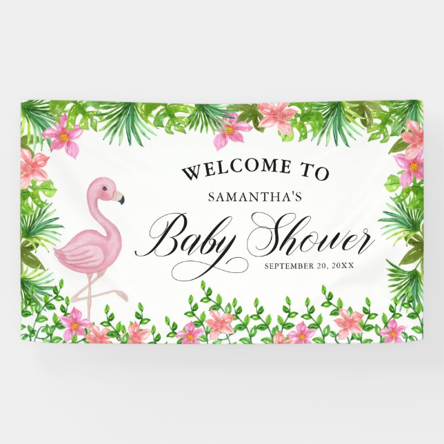Lona Bienvenidos A Baby Shower A Pink Flamingo Tropical (Horizontal)
