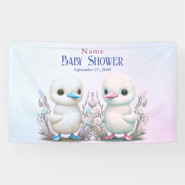Lona Bienvenidos a Baby Shower con flores Twins Ducks (Horizontal)