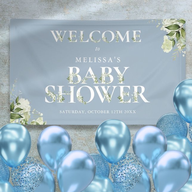 Lona Bienvenidos a Baby Shower con una carta verde azul (Greenery Letter Dusty Blue Baby Shower Welcome Banner)
