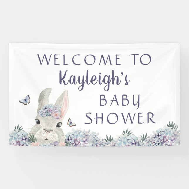 Lona Bienvenidos a Baby Shower Cute Bunny Purple Floral (Horizontal)