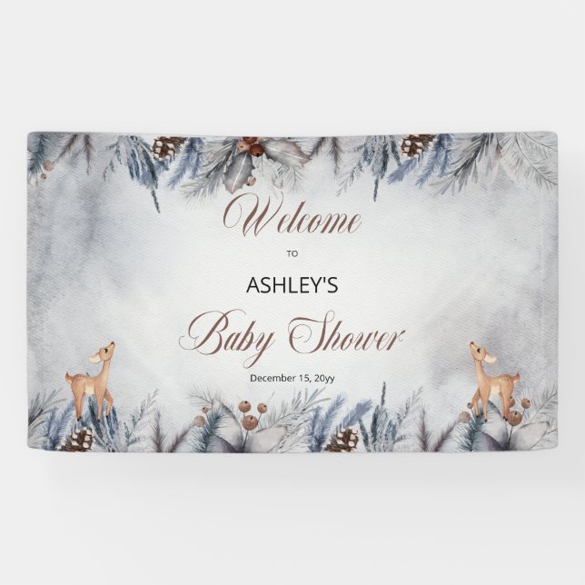 Lona Bienvenidos a Baby Shower de Deer Rustic Winter Fl (Horizontal)
