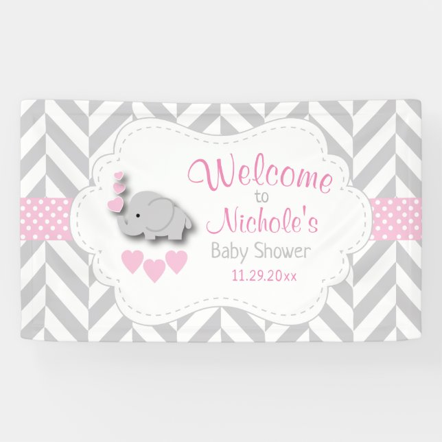 Lona Bienvenidos a Baby Shower de Elefante Gris Blanco  (Horizontal)