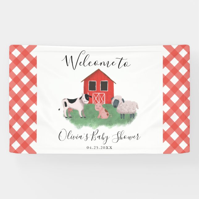 Lona Bienvenidos a Baby Shower de Farm Animals Red (Horizontal)