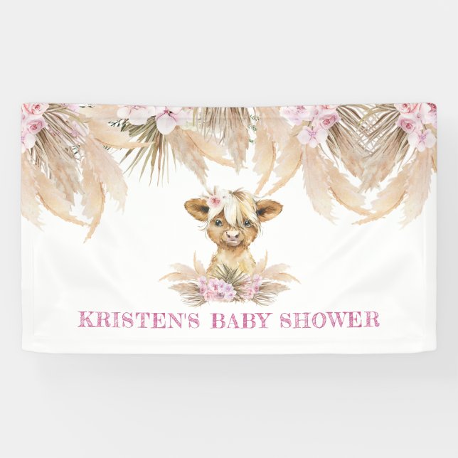 Lona Bienvenidos a Baby Shower de Floral Highland Cow (Horizontal)