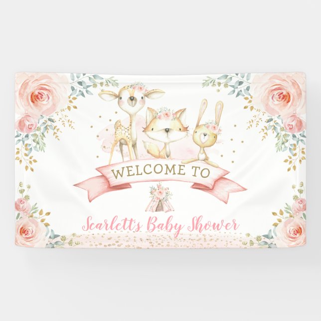 Lona Bienvenidos a Baby Shower de los Animales Gold Woo (Horizontal)
