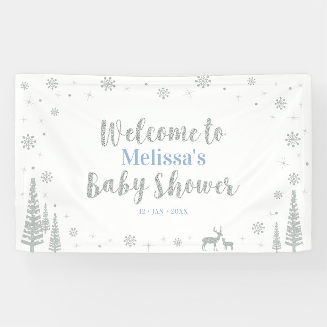Lona Bienvenidos a Baby Shower de Silver & Blue Winter  (Horizontal)