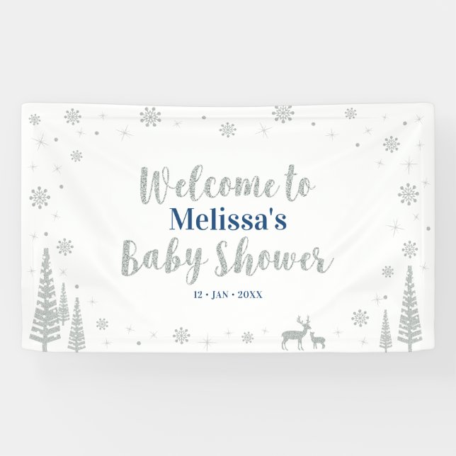 Lona Bienvenidos a Baby Shower de Silver & Blue Winter  (Horizontal)