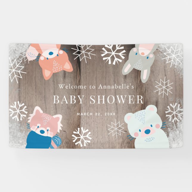 Lona Bienvenidos a Baby Shower de Woodland Animals Snow (Horizontal)