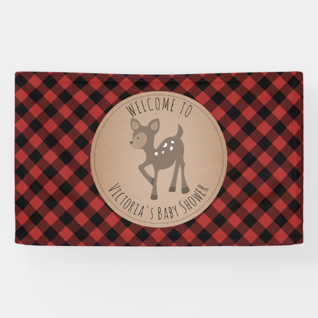 Lona Bienvenidos a Baby Shower Deer Buffalo Plaid (Horizontal)