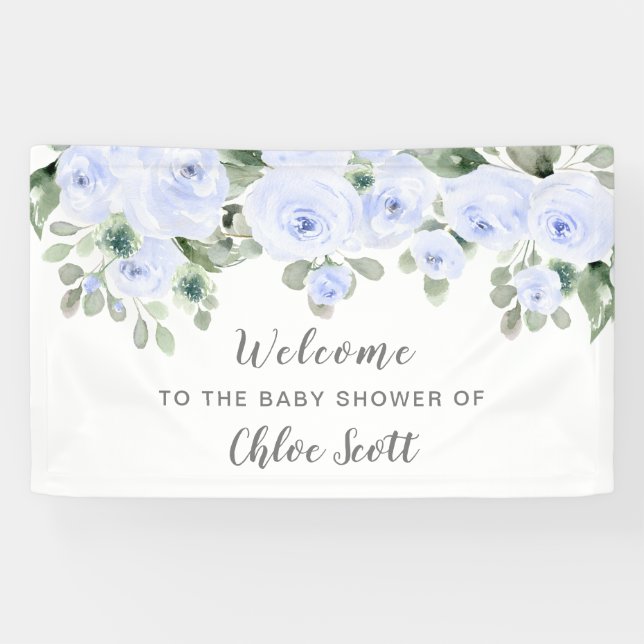 Lona Bienvenidos a Baby Shower Dusty Blue Rosa Floral (Horizontal)