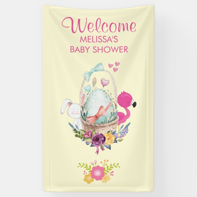 Lona Bienvenidos a Baby Shower Egg, Flamingo y Bunny (Vertical)