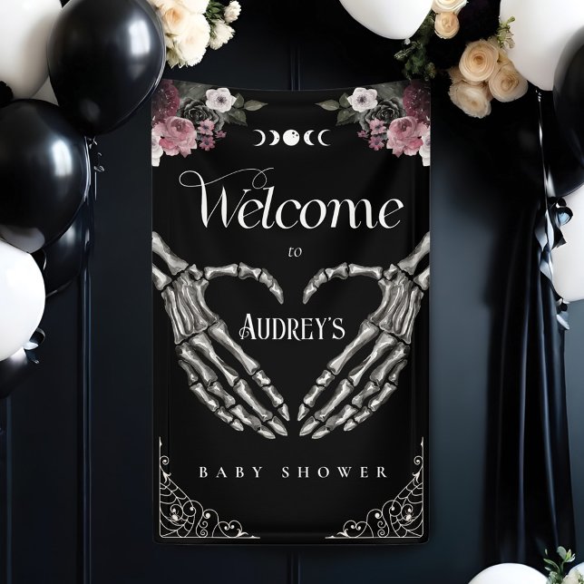 Lona Bienvenidos a Baby Shower en Skeleton gótico Hands (Gothic Skeleton Hands Heart Baby Shower Welcome Banner)