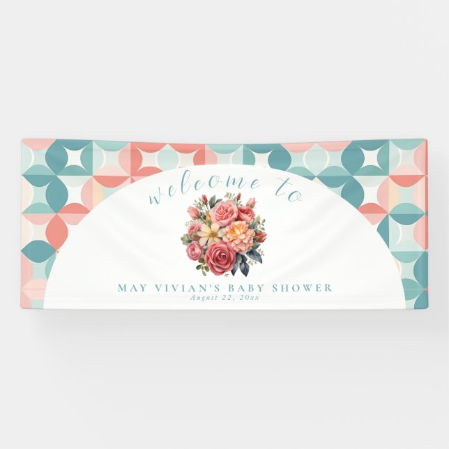 Lona Bienvenidos a Baby Shower Floral Bloom Watercolor  (Horizontal)
