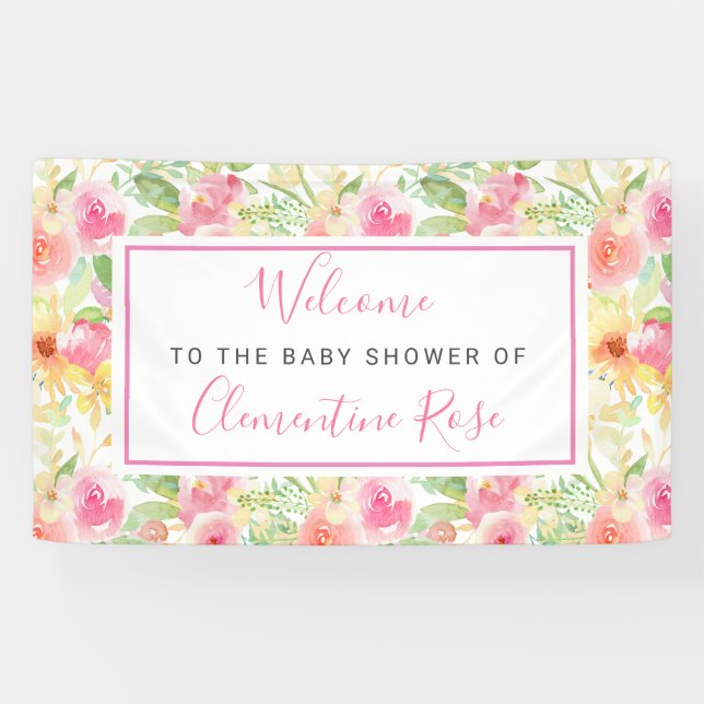 Lona Bienvenidos a Baby Shower floral rosa y amarilla (Horizontal)