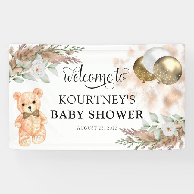 Lona Bienvenidos a Baby Shower Neutral Cute Teddy Bear (Horizontal)