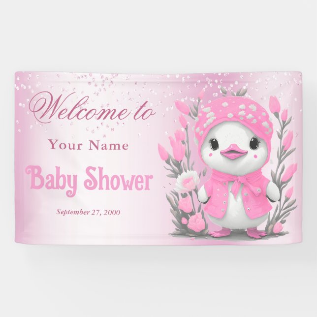 Lona Bienvenidos a Baby Shower por las flores rosadas d (Horizontal)