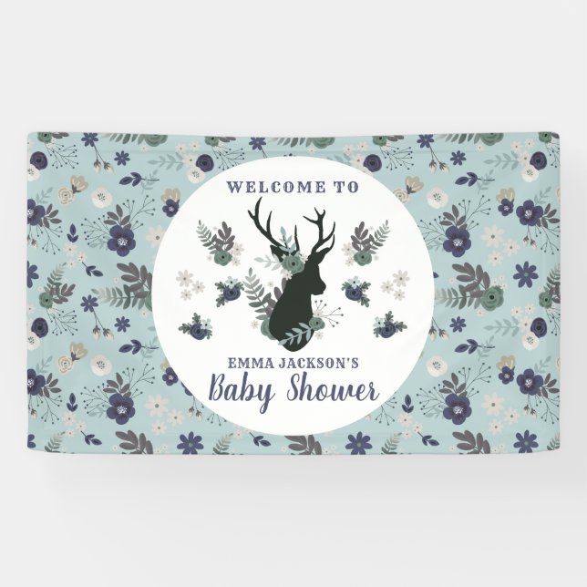 Lona Bienvenidos a Baby Shower Rustic Deer Head Blue Fl (Horizontal)
